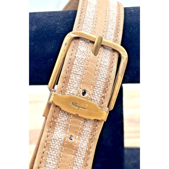 Vintage Salvatore Ferragamo Italy Mens Belt Tan Tweed Leather Brass Buckle 36-38 - Picture 1 of 14